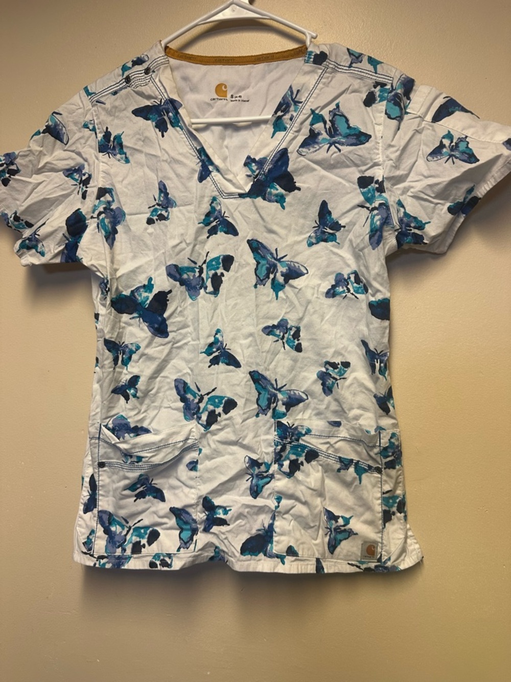 Carhartt White Scrub Top with Mustard‎ Trim blue butterflys